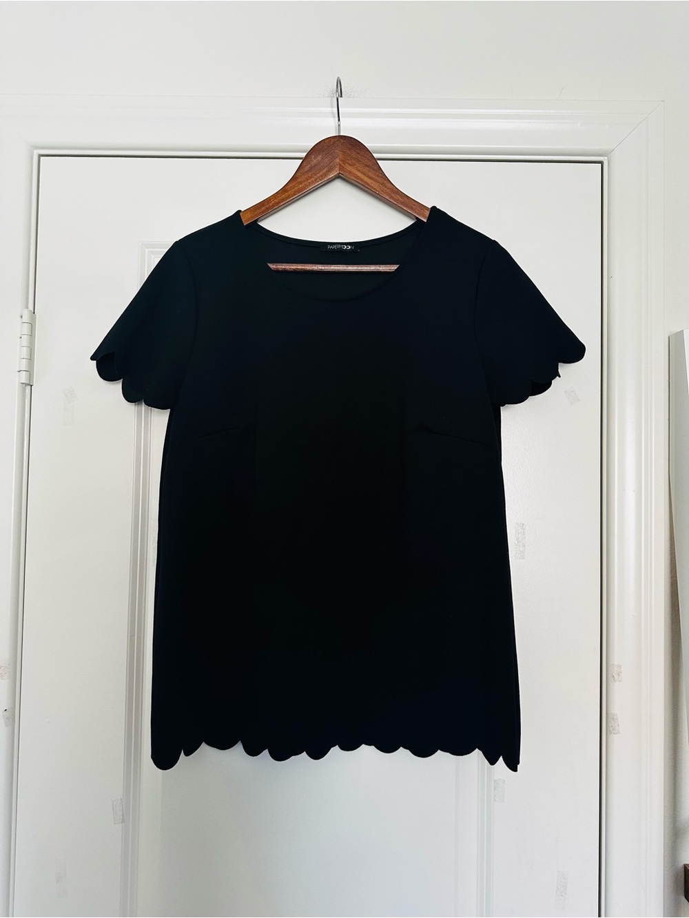 Black Scalloped Sleeve & Hem Blouse Dressy Polished Workwear Medium